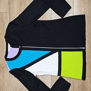 Misook Black White Purple Lime Aqua Color Block Knit Zip Front Cardigan Sweater